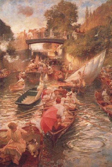 Edward john Gregory,RA.RI Boulter's Lock-Sunday Afternoon oil painting picture